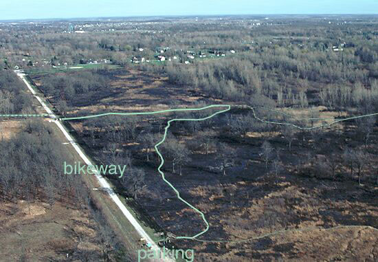 aerial view of nature reserve trail after spring burn